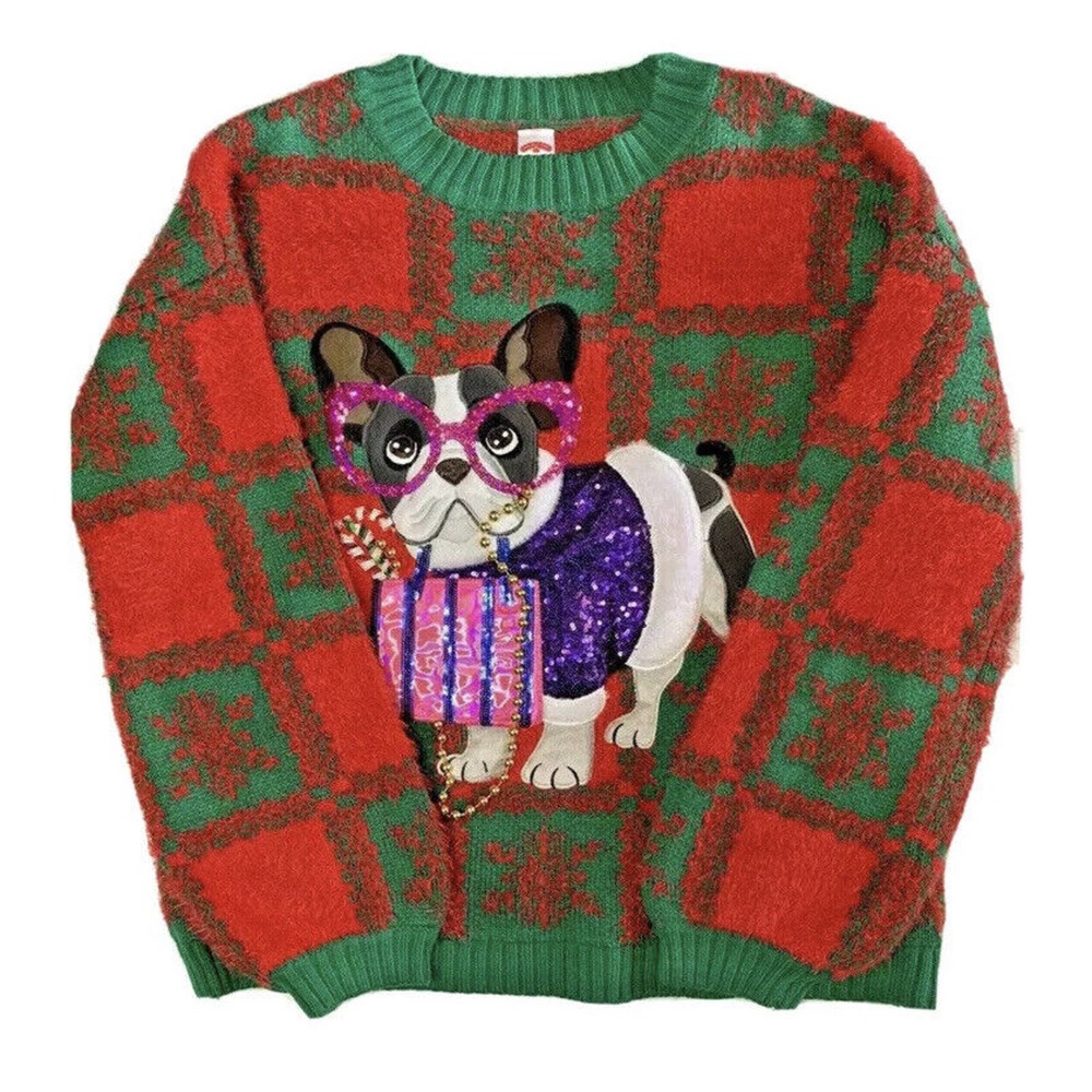 NEW Womens French Bulldog Frenchie Ugly Christmas Sweater Sequins Snowflakes 3X